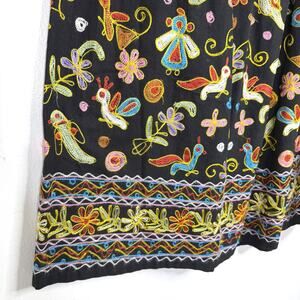 Embroidered Boho Birds Elephant Floral Skirt S Black Animal Vintage Midi Xtend